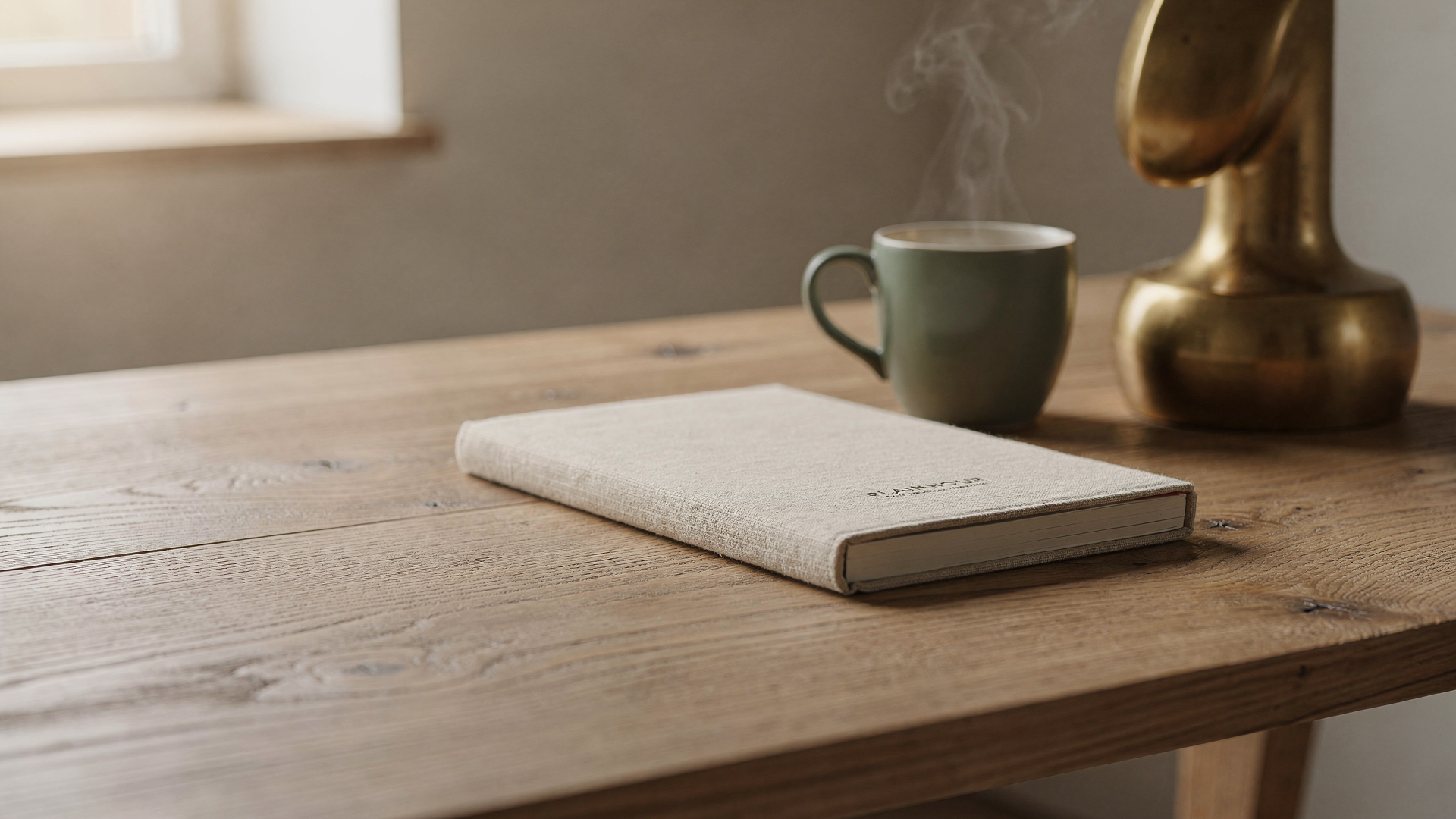a linen notebook, steaming ceramic cup, and brass lamp on a warm wooden desk